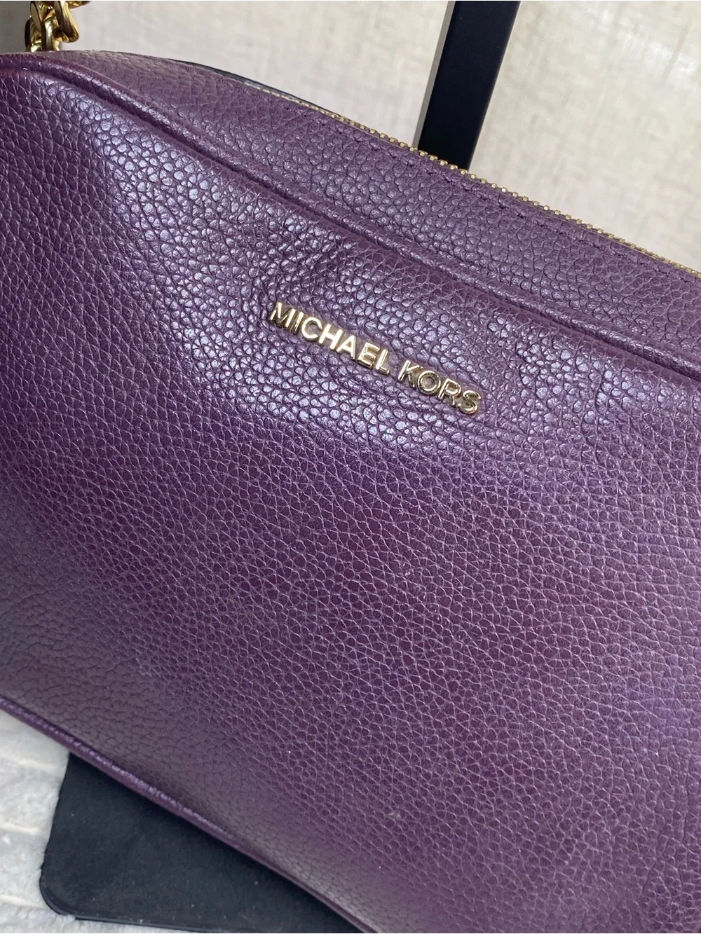 Michael Kors Ginny Camera Bag Plum Purple Pebbled Leather Crossbody Purse Tassel